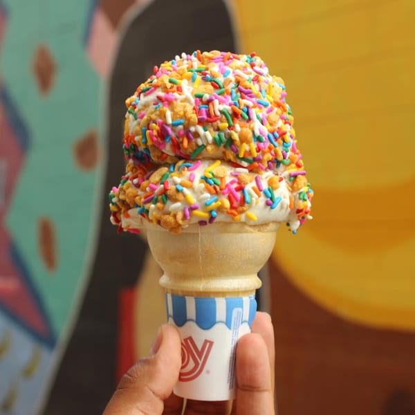 Hand holding a two-scoop ice cream cone from The Chocolate Moose, covered in colorful sprinkles.